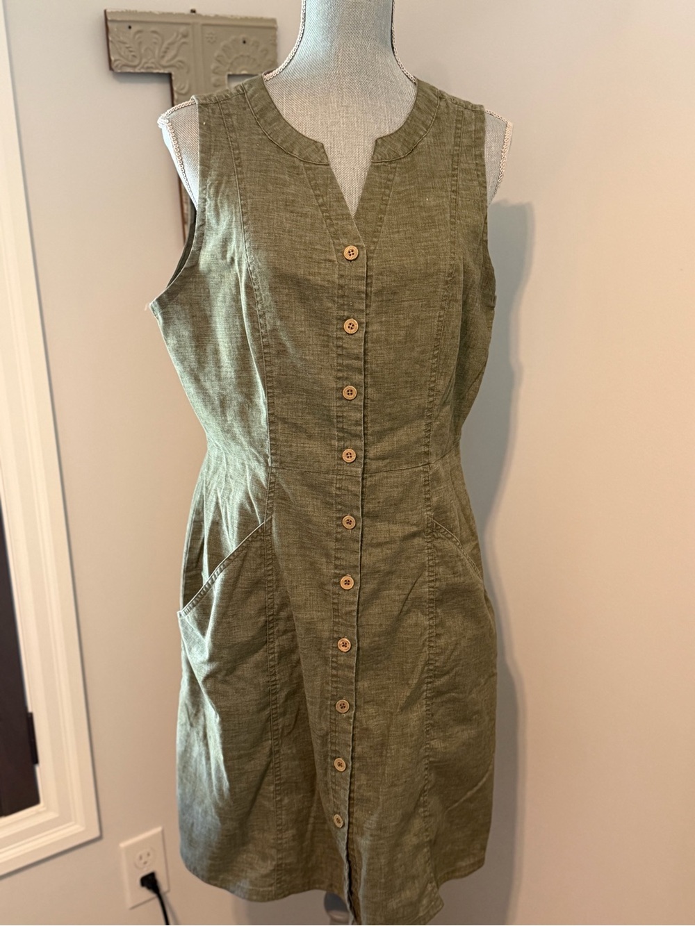 PRANA Reanne Sleeveless Button Up Olive Green Midi Dress With Pockets Size L
